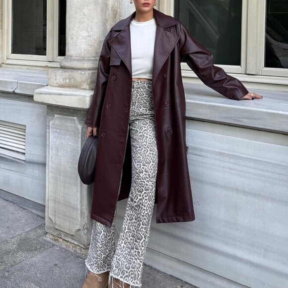 Burgundy Plato Faux Leather Buckle Trench Coat - Picture 8 of 11